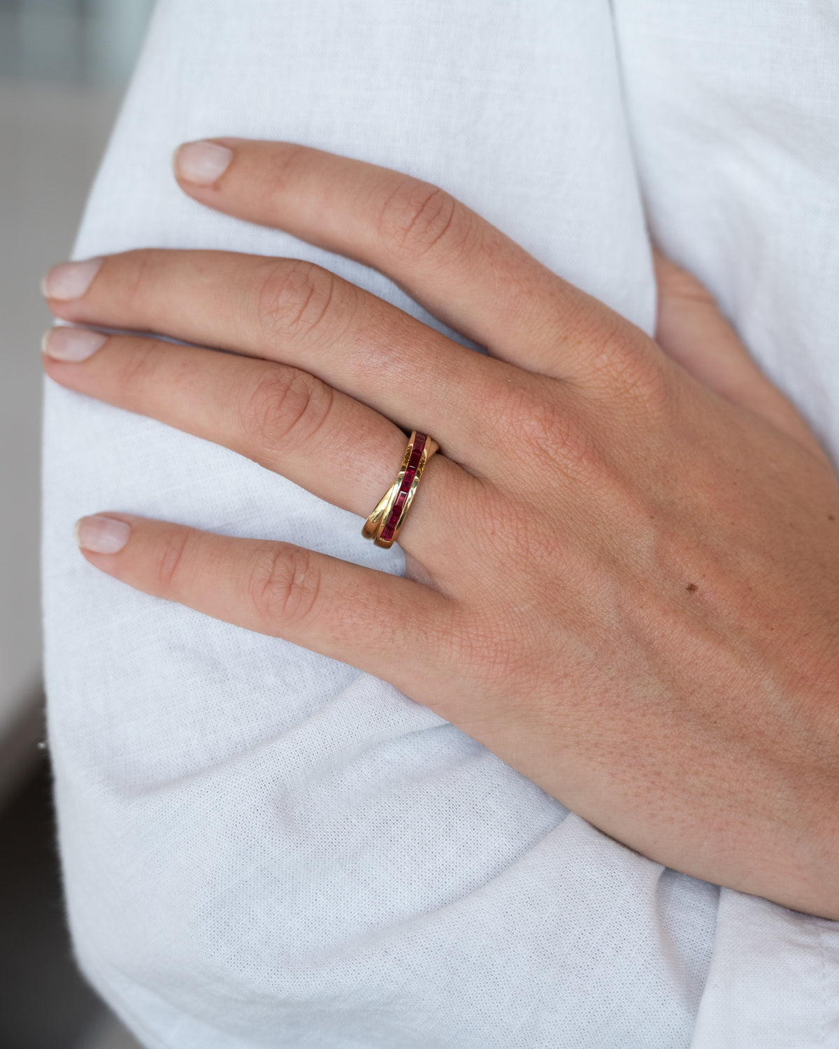 Ruby Baguette Bypass Stacking Ring 18k