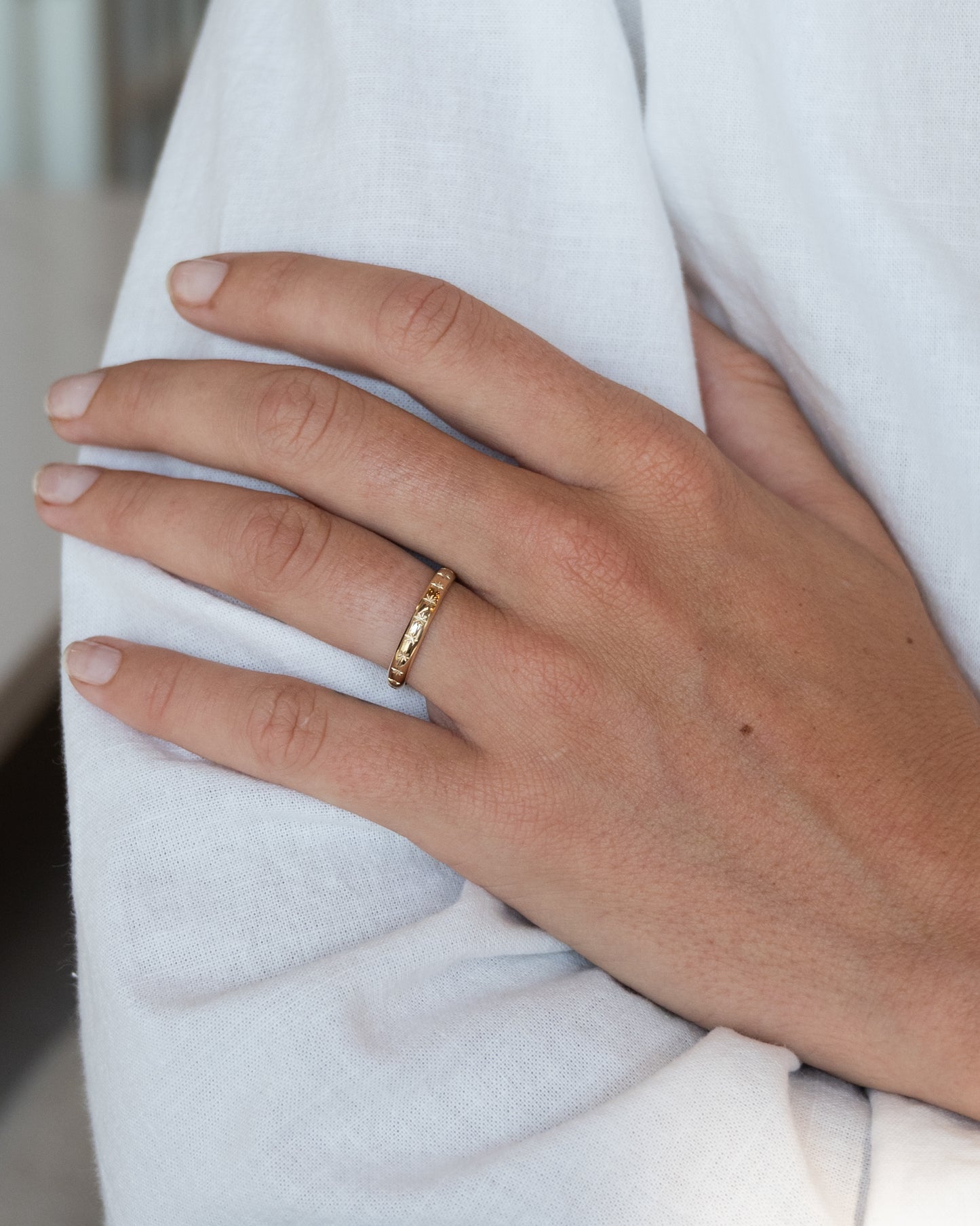 Star Engraved Stacking Wedding Band 14k Yellow Gold
