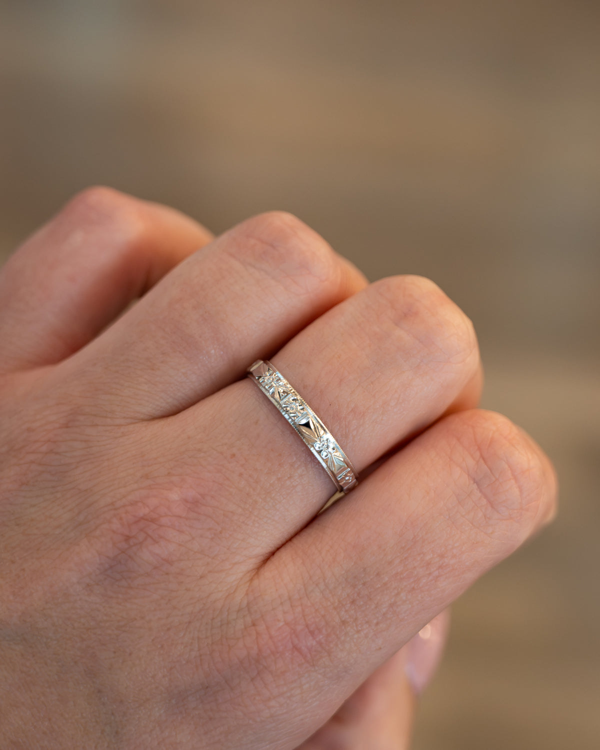 Vintage Mid-Century Men's Orange Blossom Wedding Band 18k White Gold