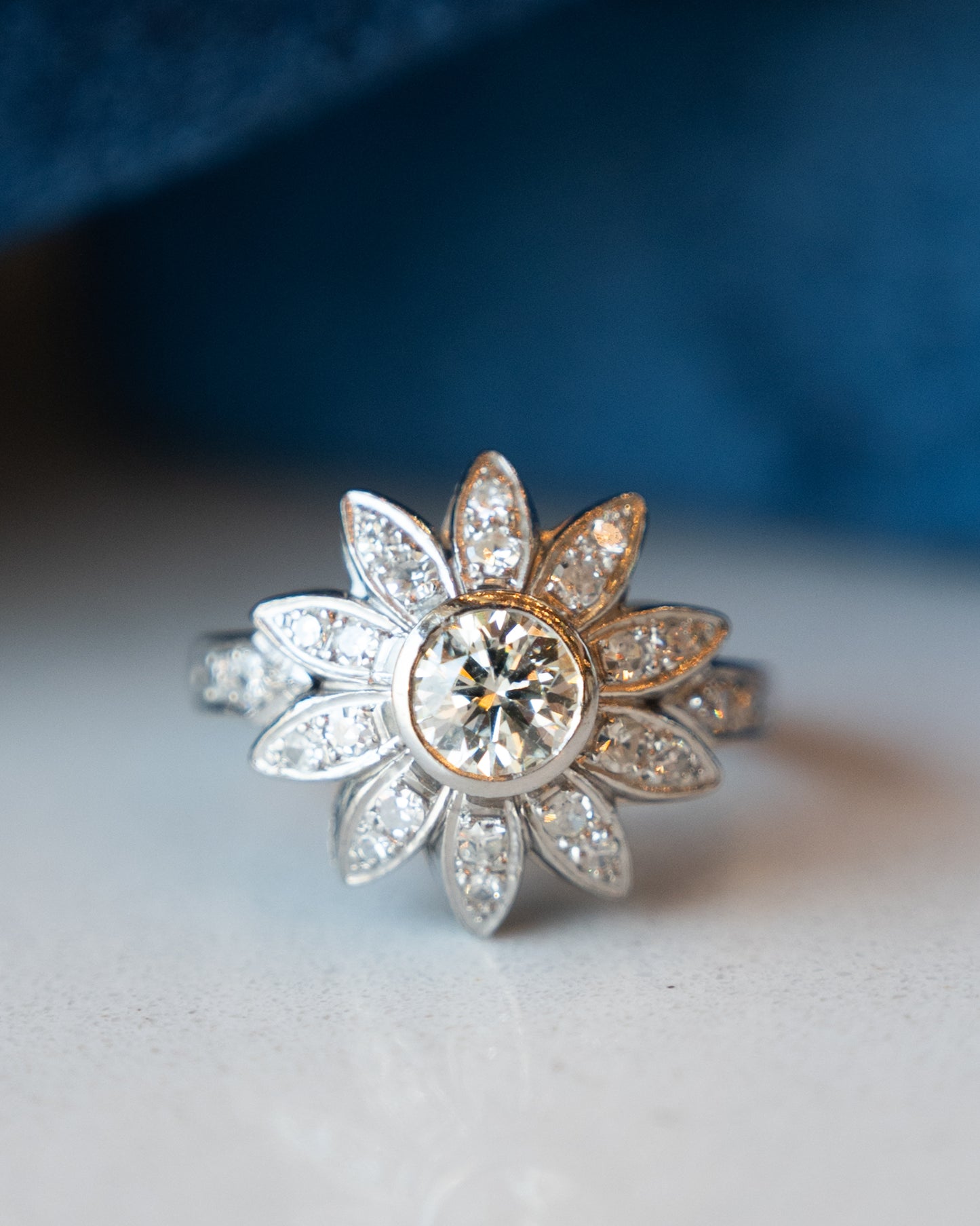 .80 Vintage Mid-Century Diamond Flower Cocktail Ring Platinum