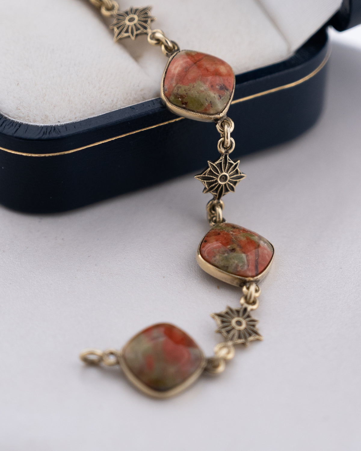 Vintage Mid-Century Unakite Bracelet 14k Yellow Gold