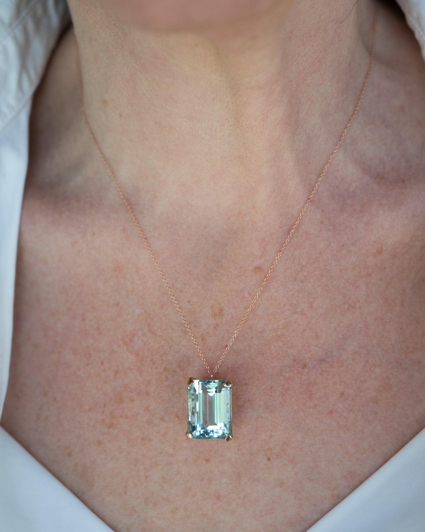 22.96 Emerald Cut Aquamarine Pendant 14k Rose Gold