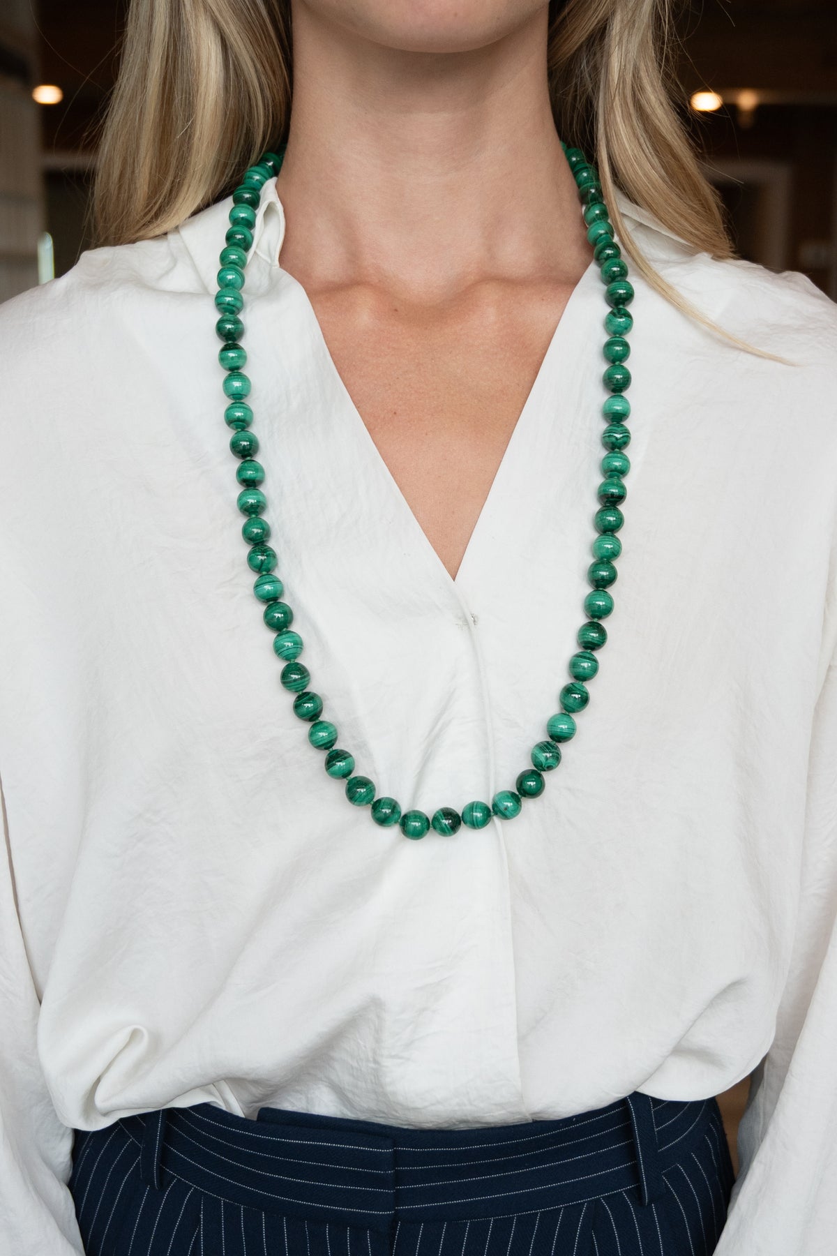 Malachite Beaded Necklace 14k Yellow Gold