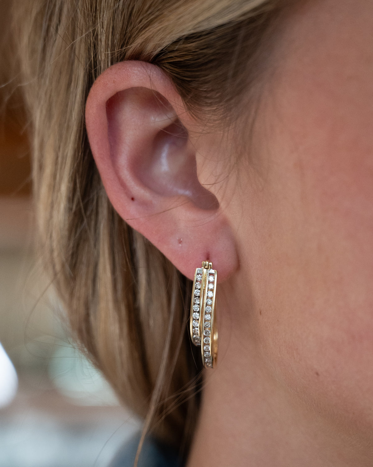 .92 Double Hoop Diamond Earrings 14k Yellow Gold