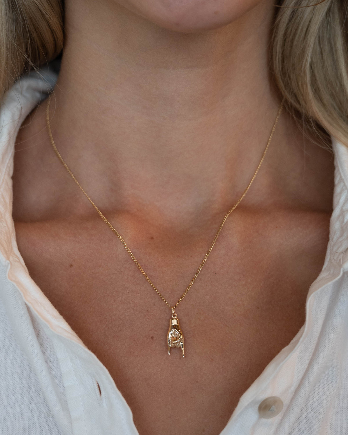 Horned Hands Pendant Necklace 14k Yellow Gold