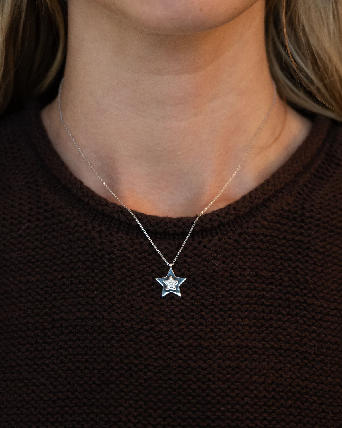 .06 Diamond Star Pendant Necklace 14k White Gold
