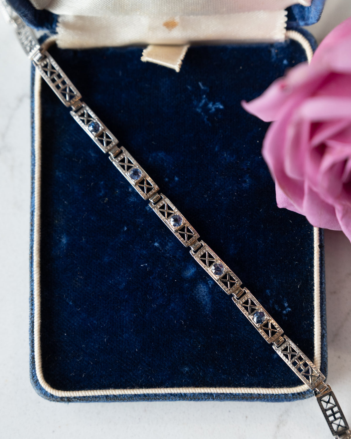 .55 Antique Art Deco Sapphire Bracelet 14k White Gold