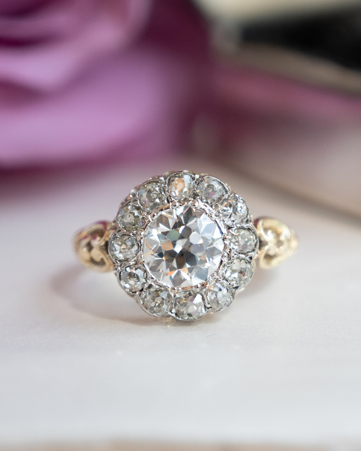 1.72 Antique Victorian Diamond Halo Ring 18K Two-Tone