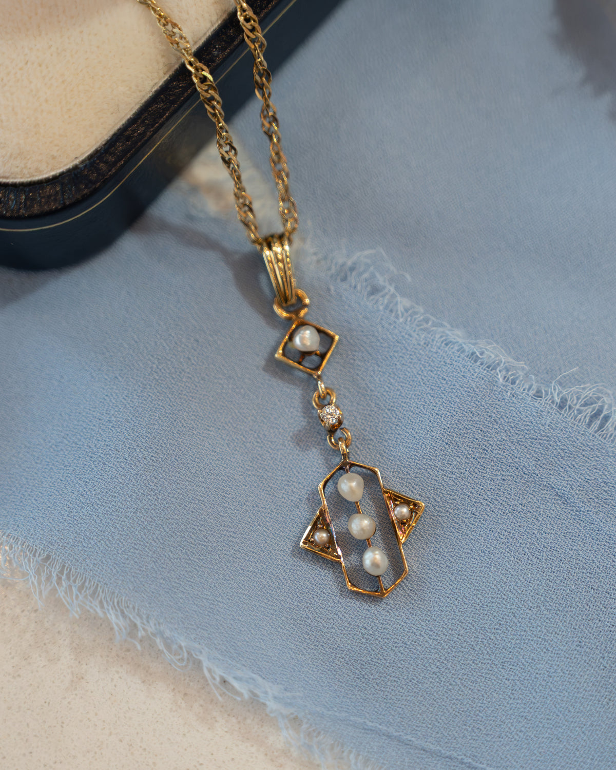 Vintage Pearl & Diamond Pendant Necklace 14k Yellow Gold