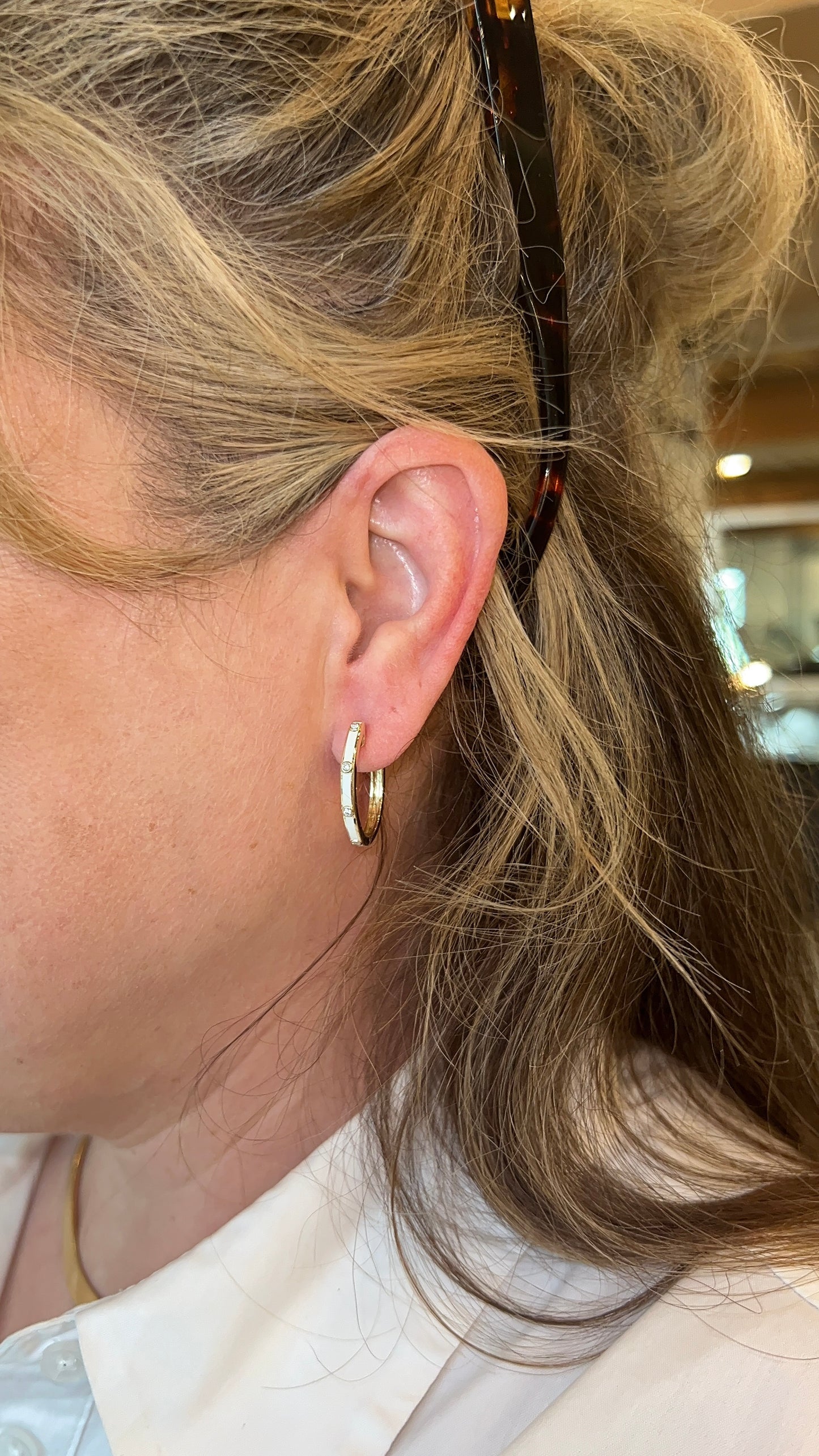.10 White Enamel & Diamond Hoop Earrings in 14k