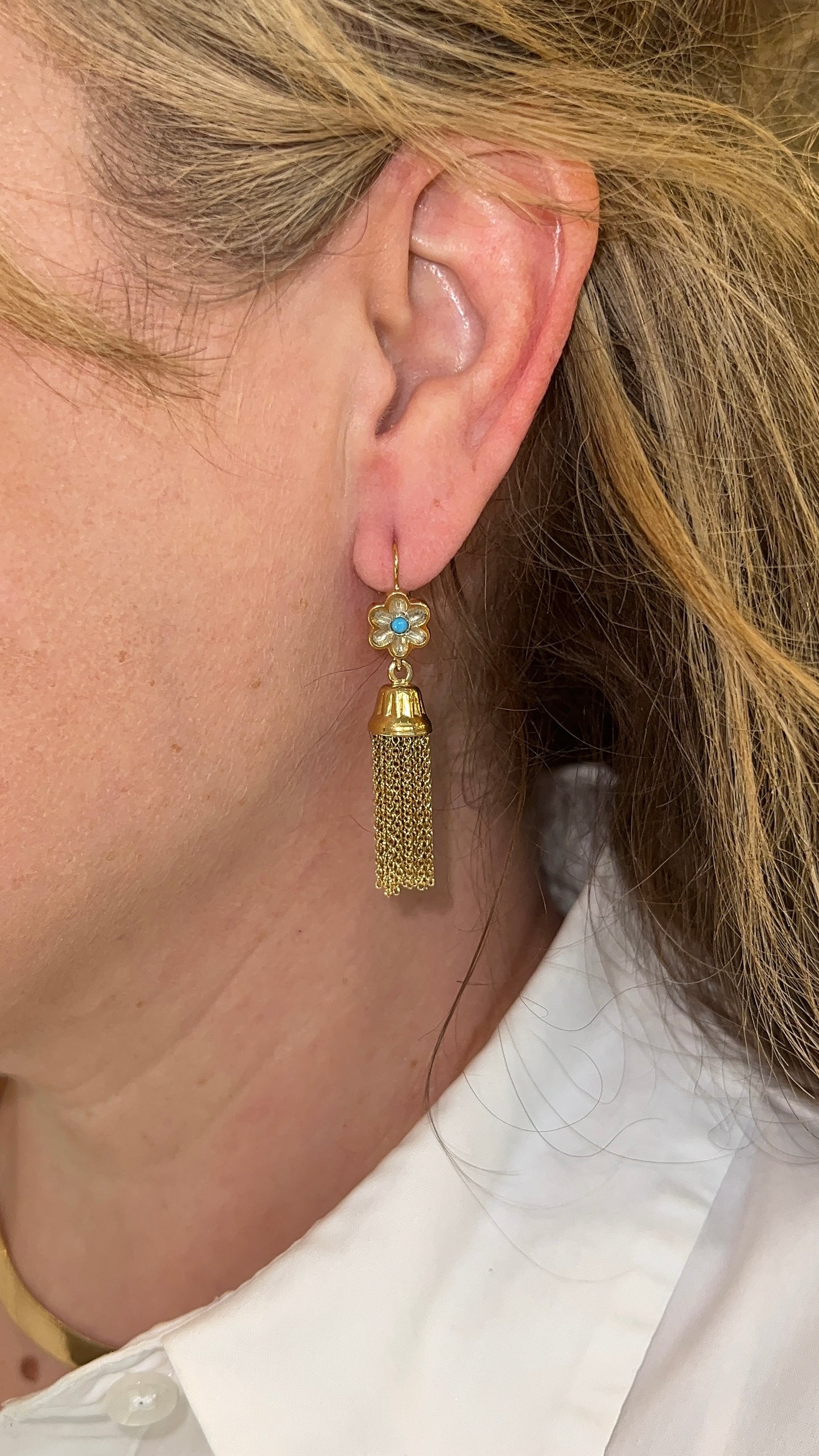 Vintage 1950's Turquoise Tassel Earrings in 14k