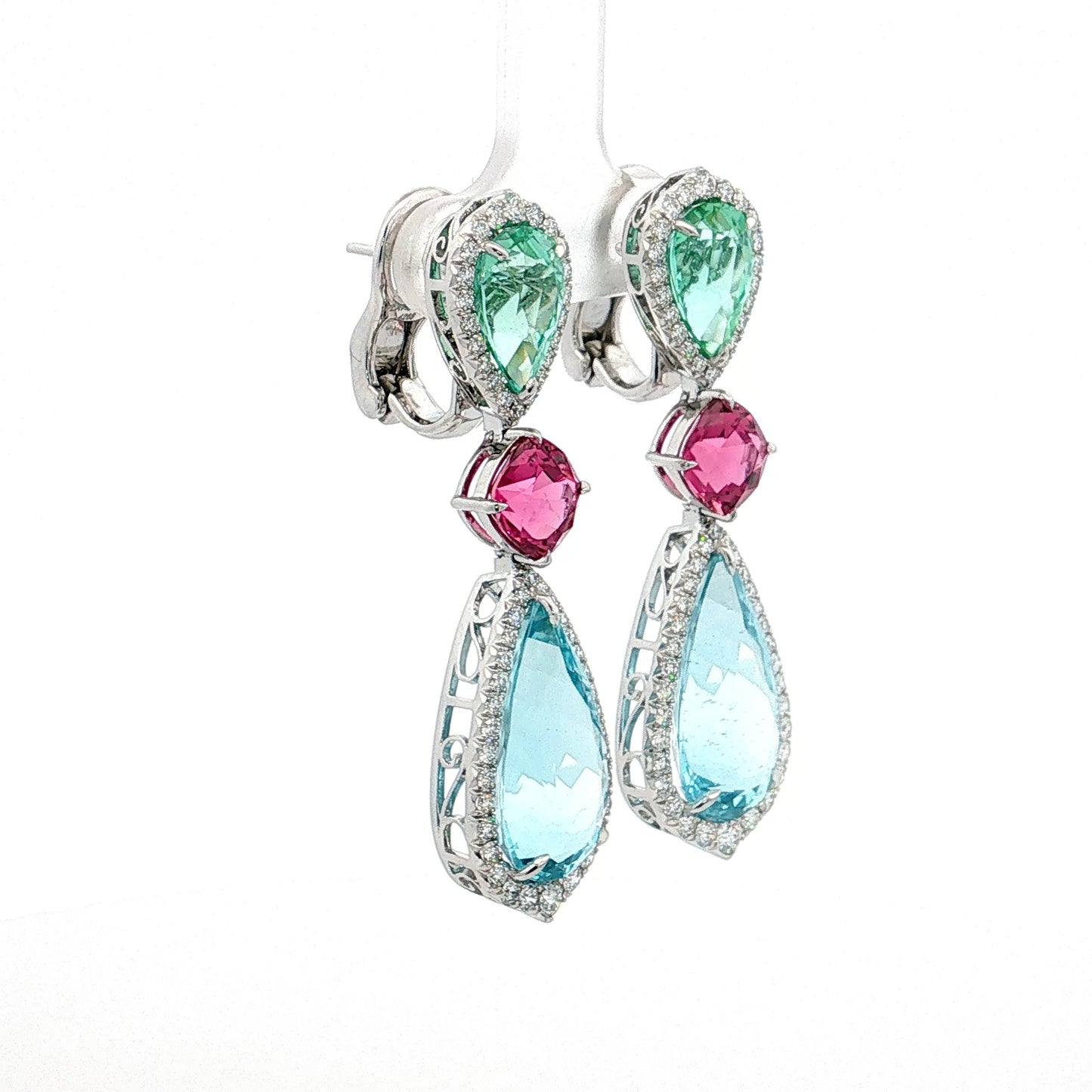 13.85 Aquamarine Tourmaline Diamond Drop Earrings Platinum