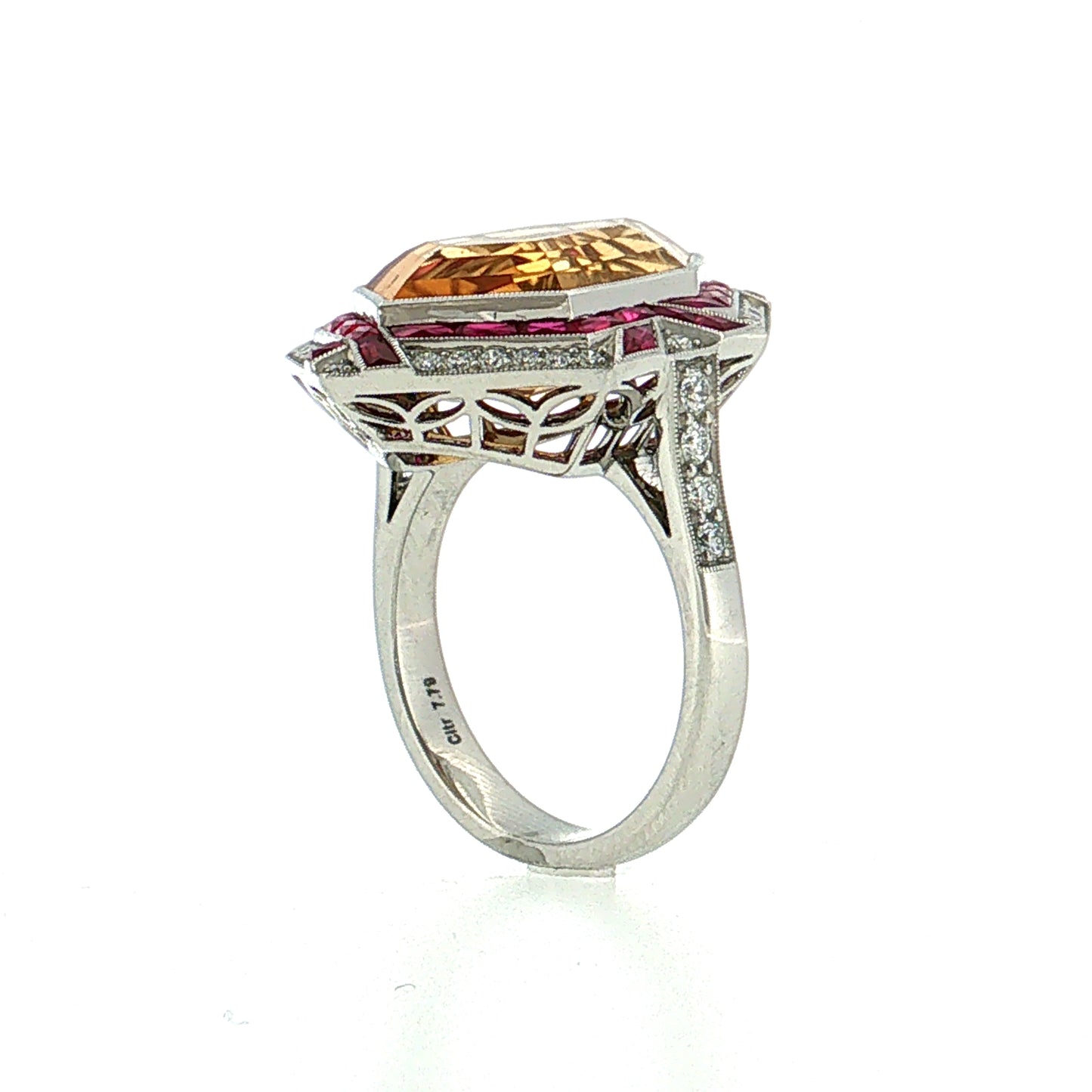 7.79 Citrine Ruby Diamond Cocktail Ring Platinum