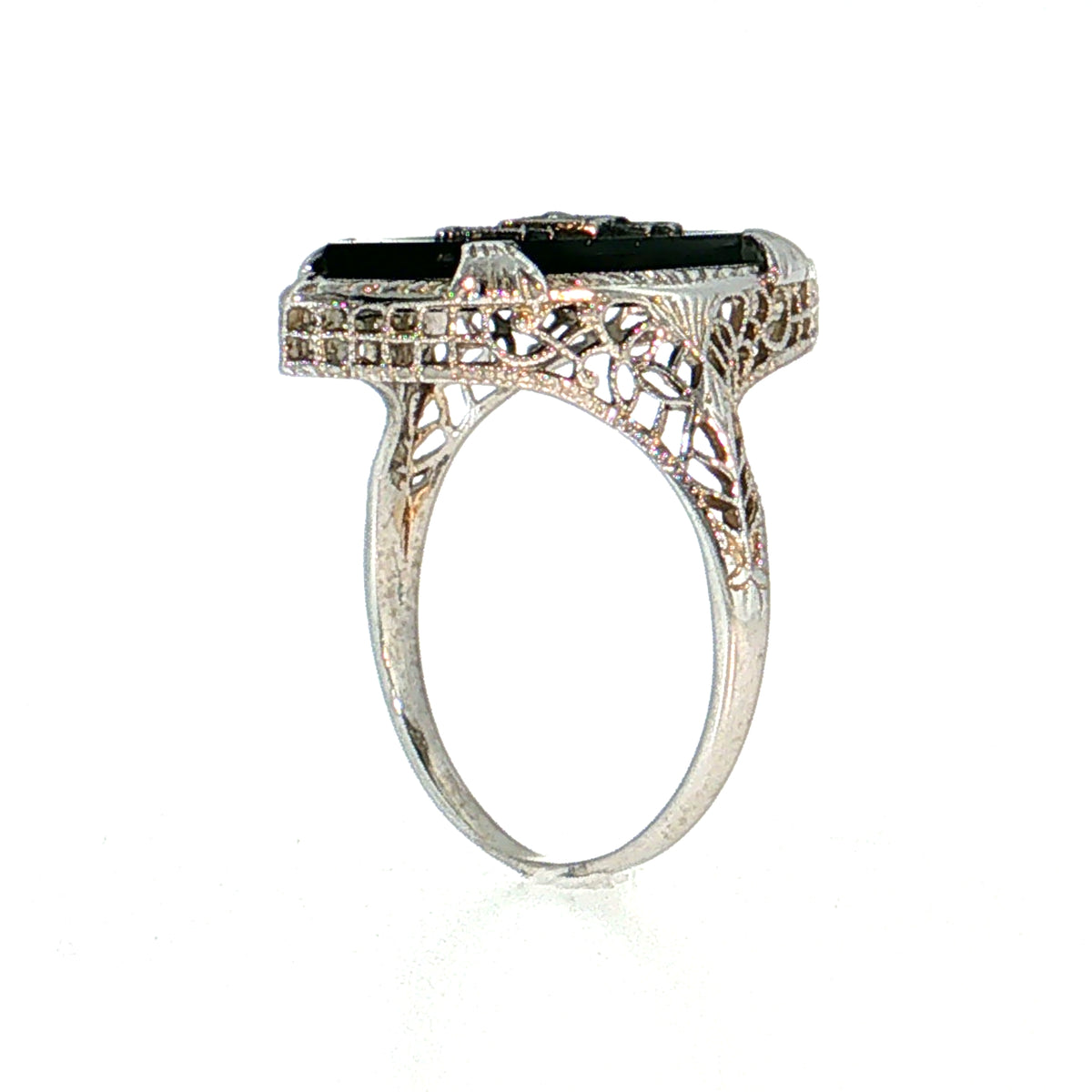 Antique Art Deco Diamond & Onyx Navette Ring 14k