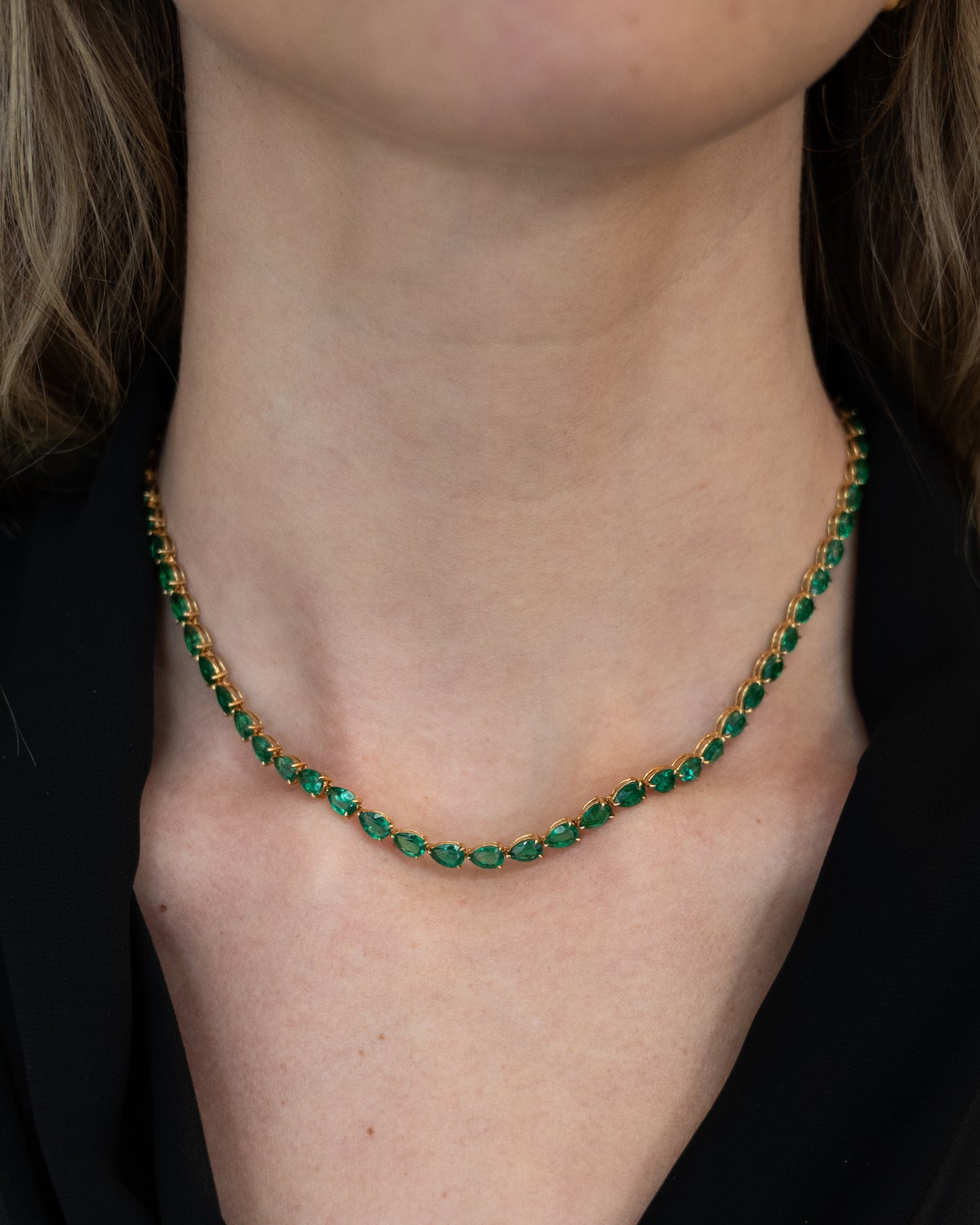 26.59 Pear Cut Emerald Tennis Necklace 18k Yellow Gold
