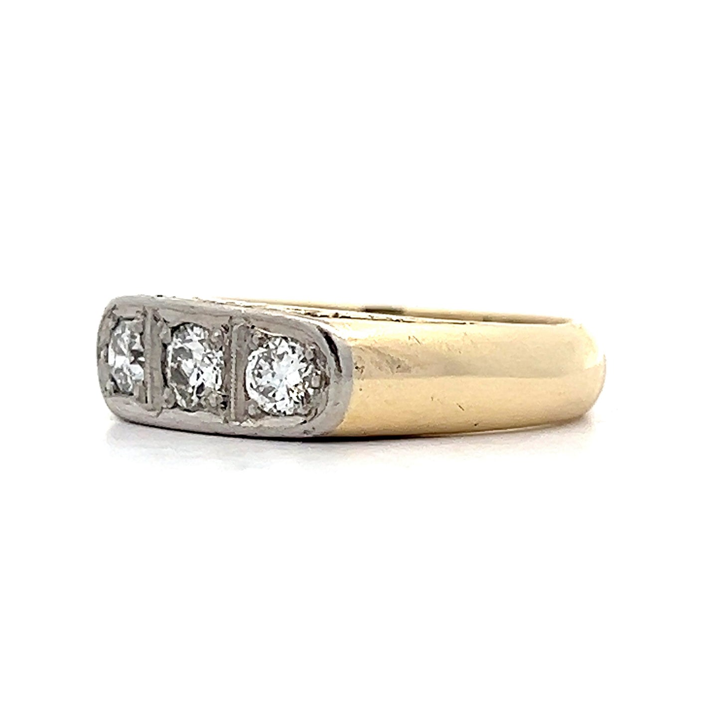 Mens Vintage Three Stone Diamond Ring in 14k Yellow & White Gold