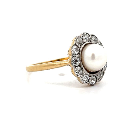 Vintage Art Deco Floral Pearl & Diamond in 18k Yellow Gold