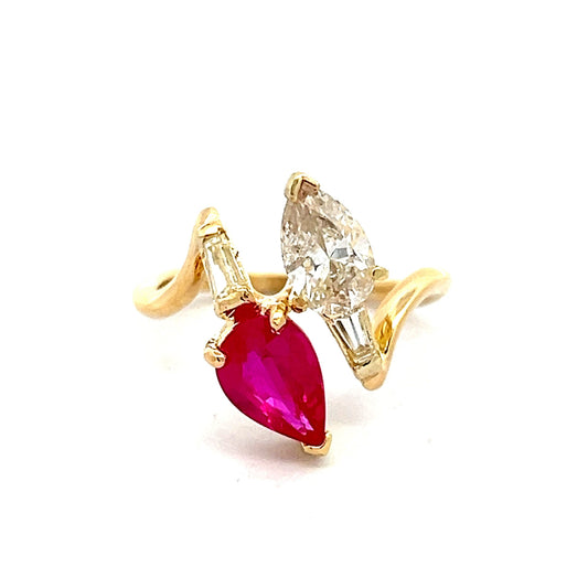 Ruby & Diamond Toi Et Moi Cocktail Ring in 18k Yellow Gold