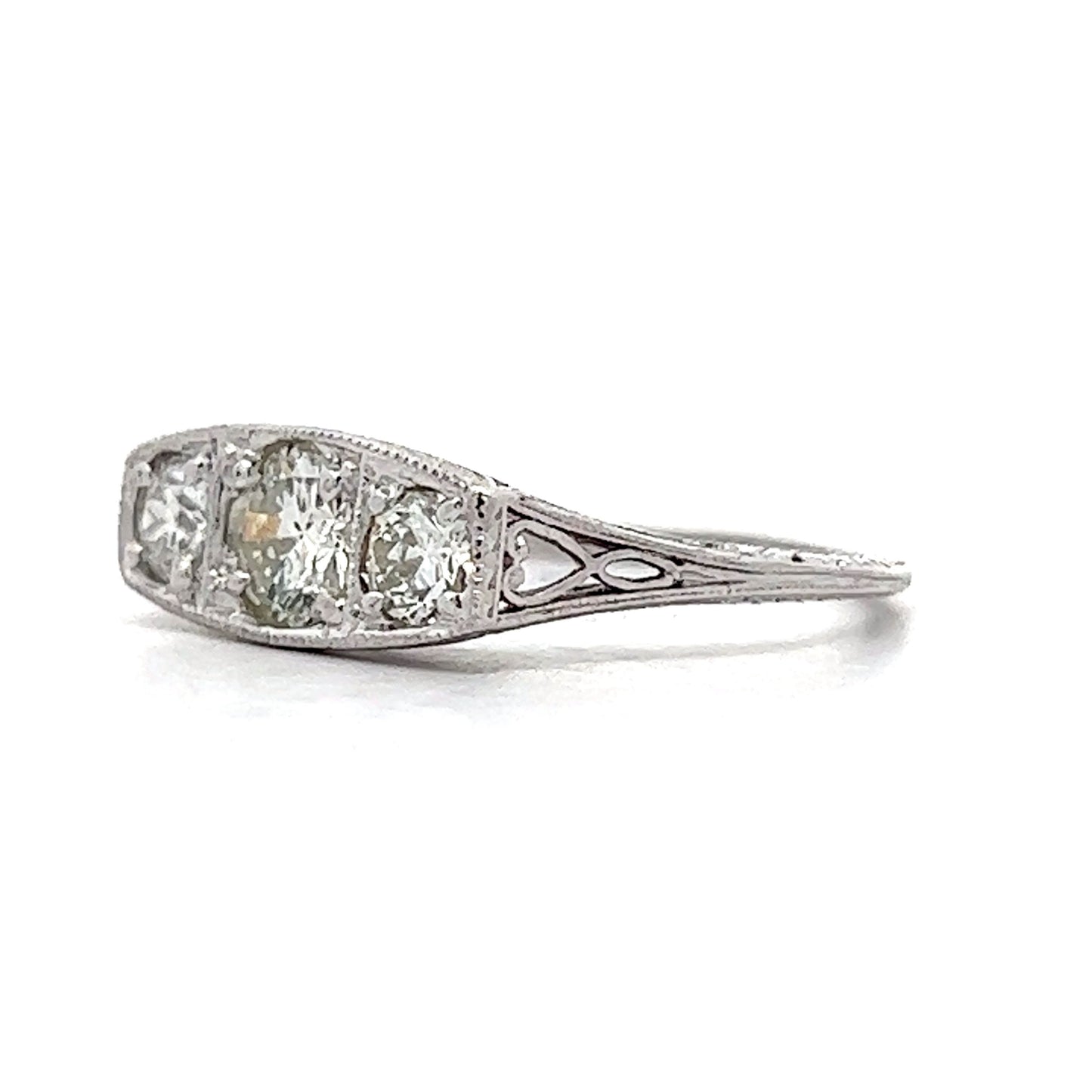 .85 Vintage Art Deco Three Stone Engagement Ring