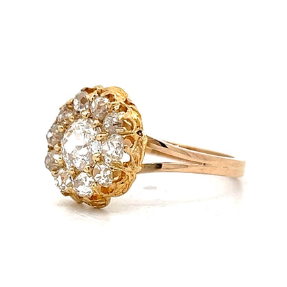 Antique Mine Cut Diamond Cluster Engagement Ring in Yellow Gold