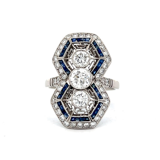 .46 Vintage Geometric Diamond & Sapphire Ring in Platinum