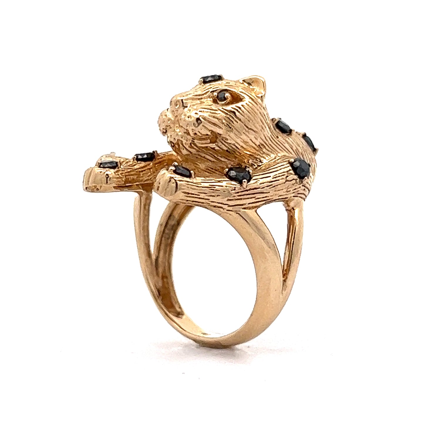 Black Diamond Leopard Cocktail Ring in 14k Yellow Gold