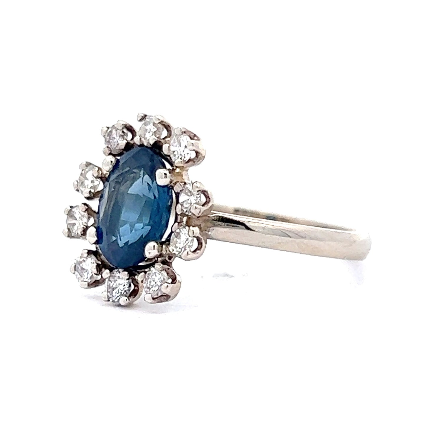 Oval Blue Sapphire & Diamond Halo Ring in 14k White Gold