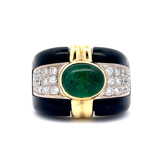 2.49 Cabochon Emerald, Onyx & Diamond Right Hand Ring in 18k Yellow Gold