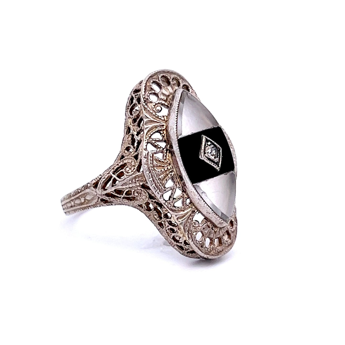 Art Deco Marquise Shaped Onyx and Diamond Ring in 14k White Gold