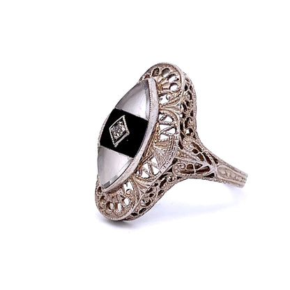Art Deco Marquise Shaped Onyx and Diamond Ring in 14k White Gold