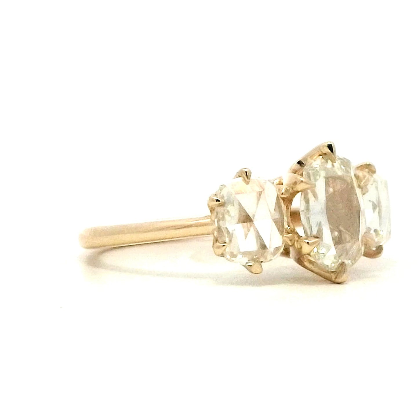 Rose Cut Diamond Three Stone Engagement Ring in Yellow Gold