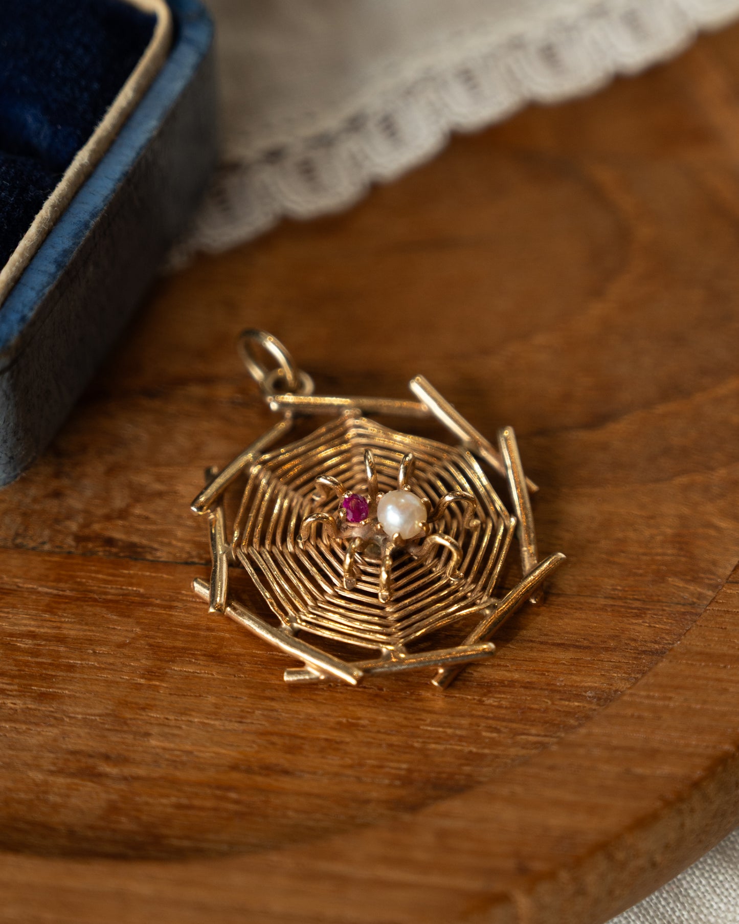Vintage Mid-Century Ruby & Pearl Spider Pendant 14k