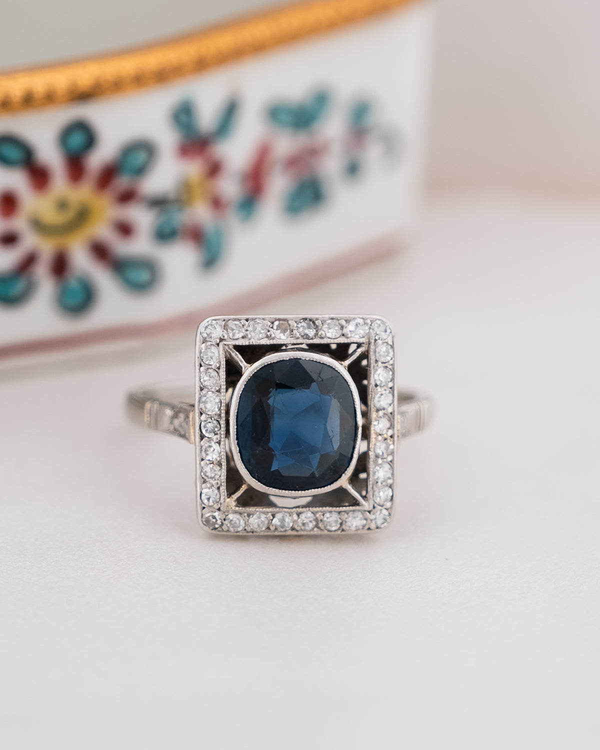 1.48 Antique Cushion Cut Sapphire Engagement Ring 18K