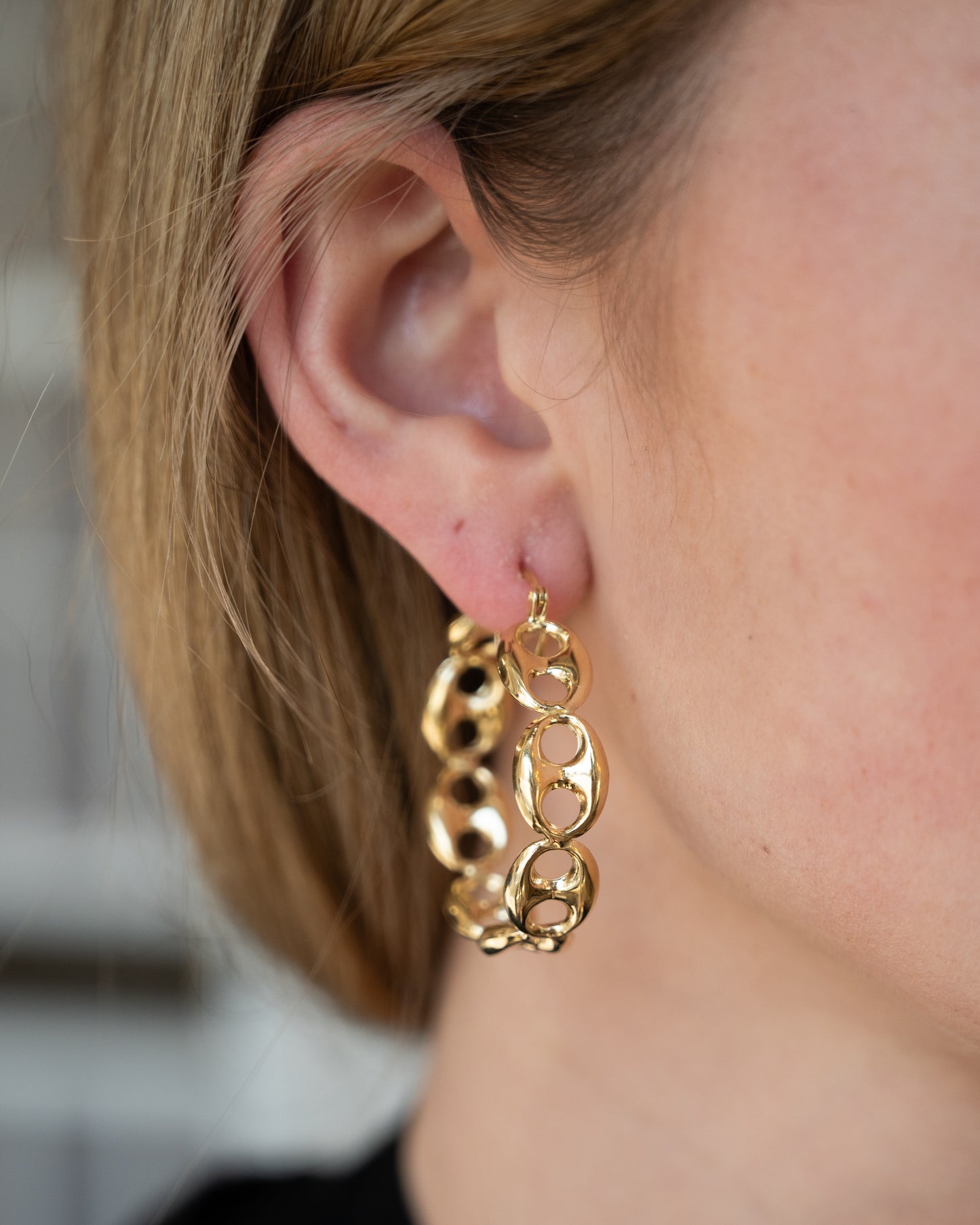 Puffy Mariner Link Hoop Earrings 14k Yellow Gold