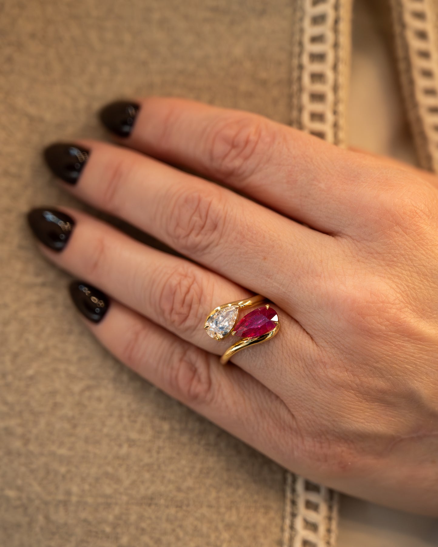 Diamond & Ruby Toi Et Moi Cocktail Ring 18k Yellow Gold