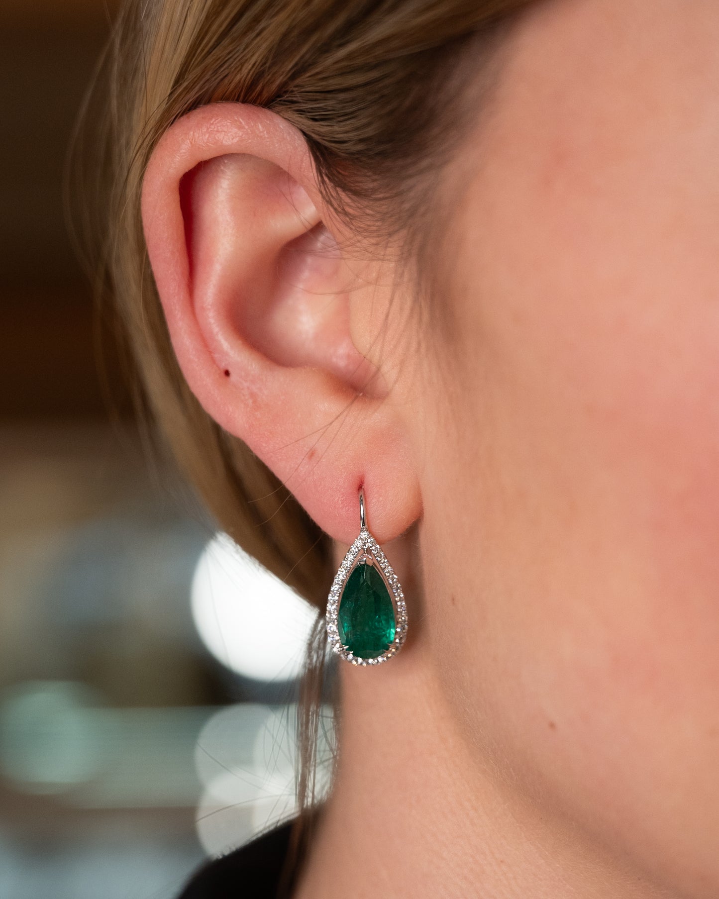 5.52 Pear Cut Emerald Drop Earrings 18k White Gold