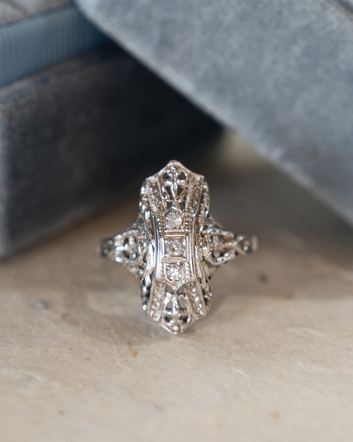.09 Art Deco Filigree Navette Cocktail Ring 18k White Gold