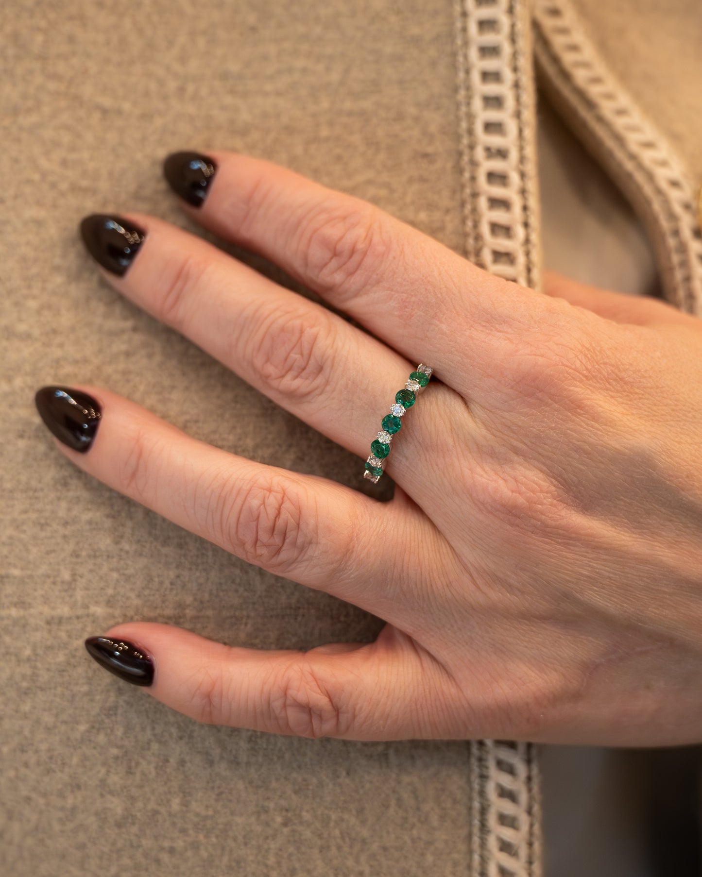 .75 Emerald & Diamond Stacking Band 14k White Gold