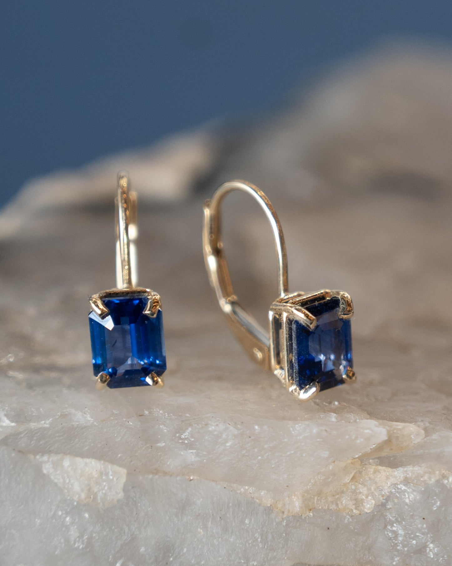 2.18 Emerald Cut Sapphire Drop Earrings 14k