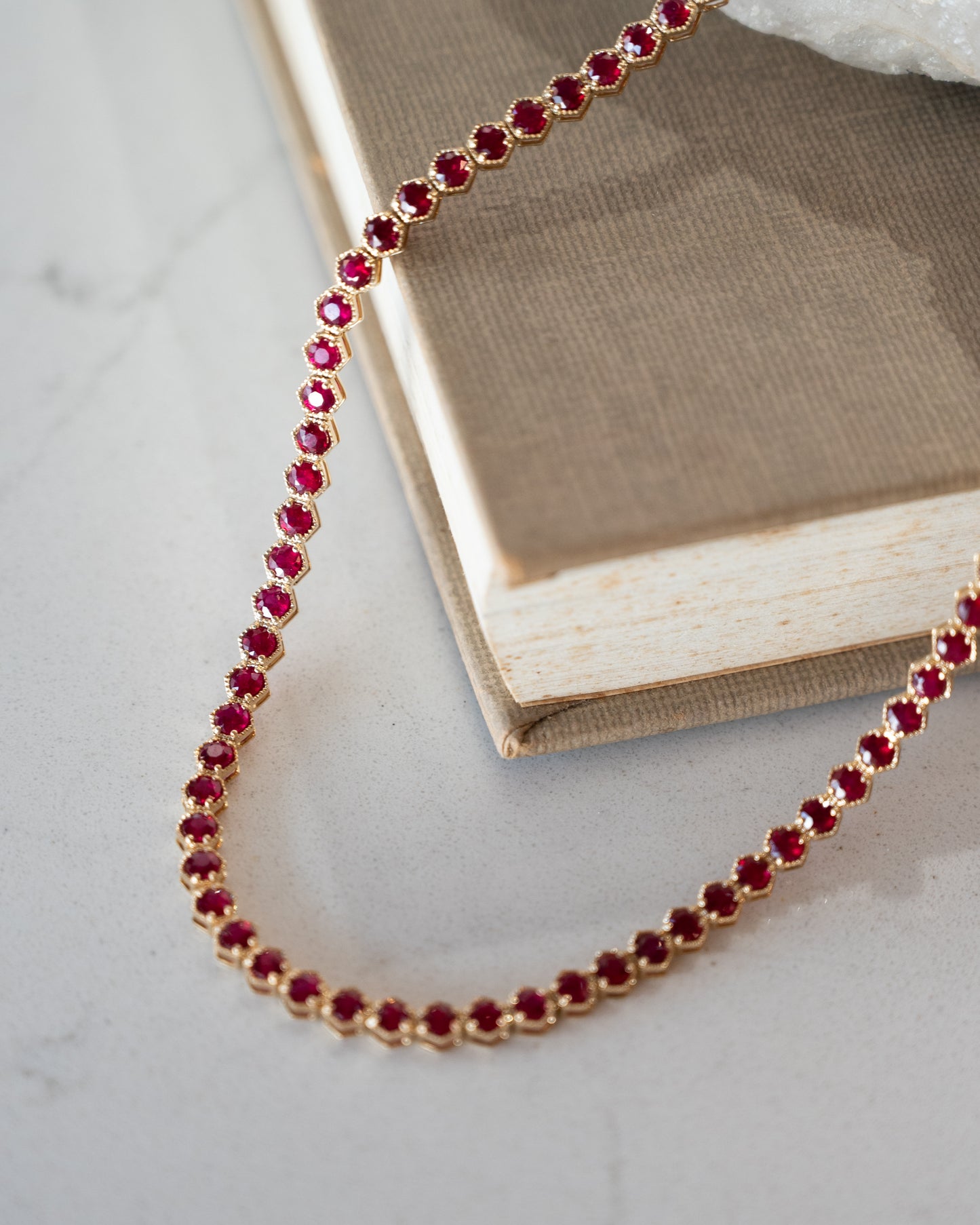 15.01 Round Cut Ruby Tennis Necklace 14k Yellow Gold