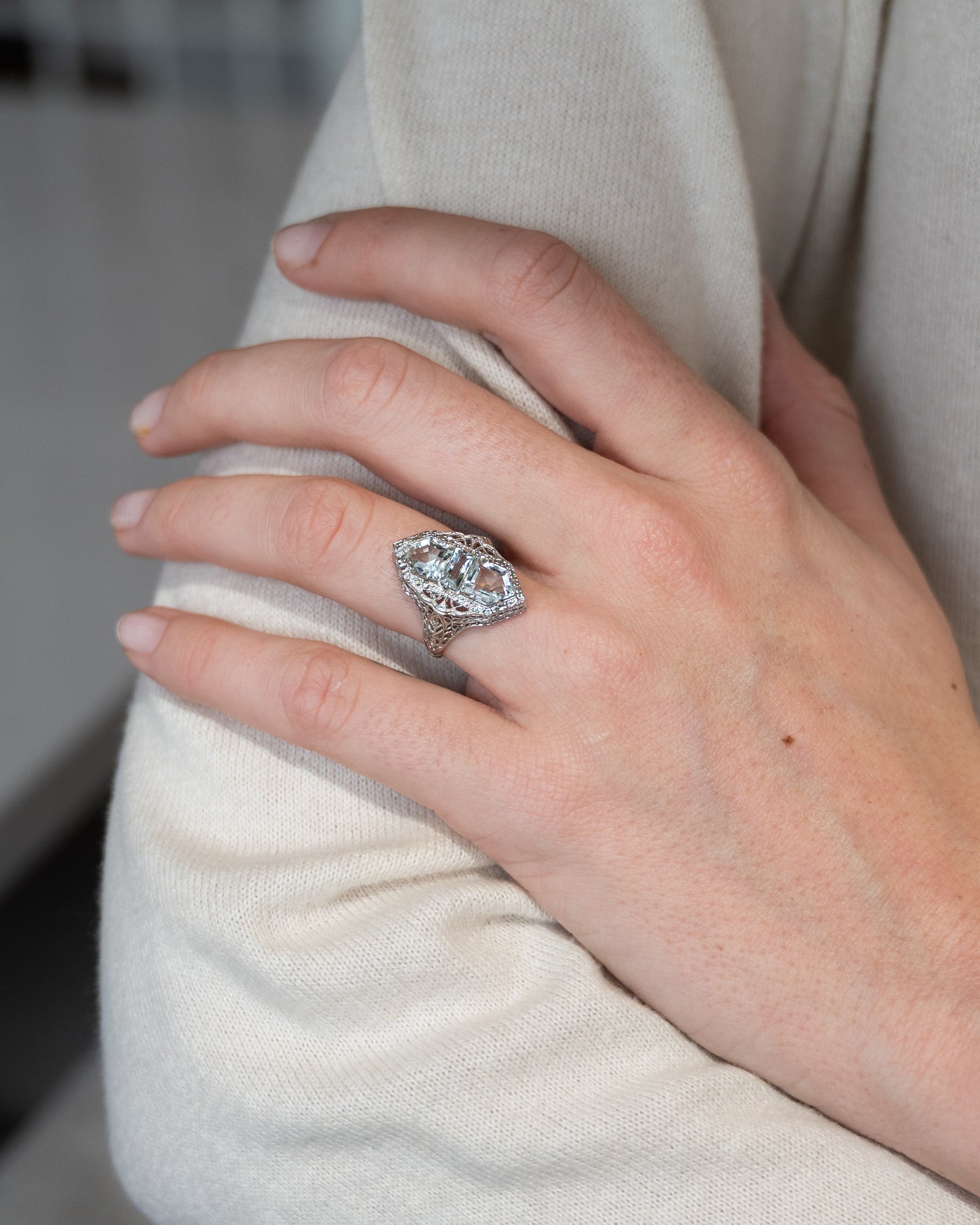 2.07 Art Deco Aquamarine Cocktail Ring 14k White Gold