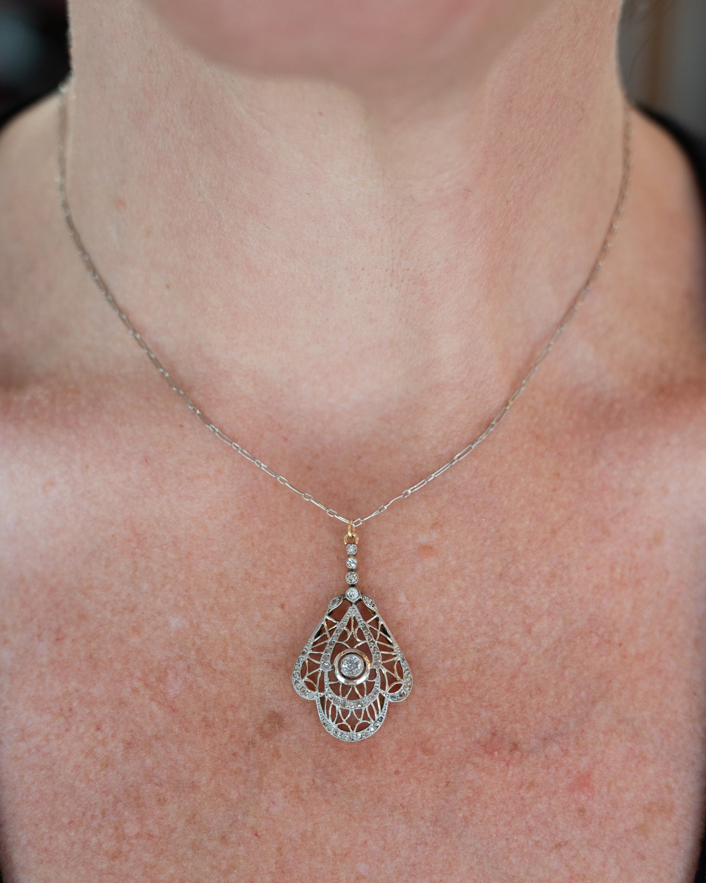 .46 Antique Edwardian Diamond Pendant Necklace Platinum