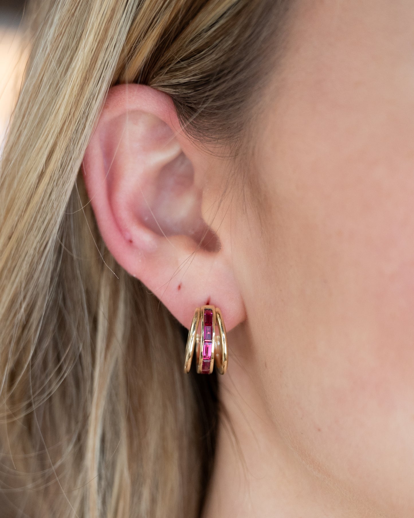 2.40 Square Ruby Triple Hoop Earrings 14k Yellow Gold