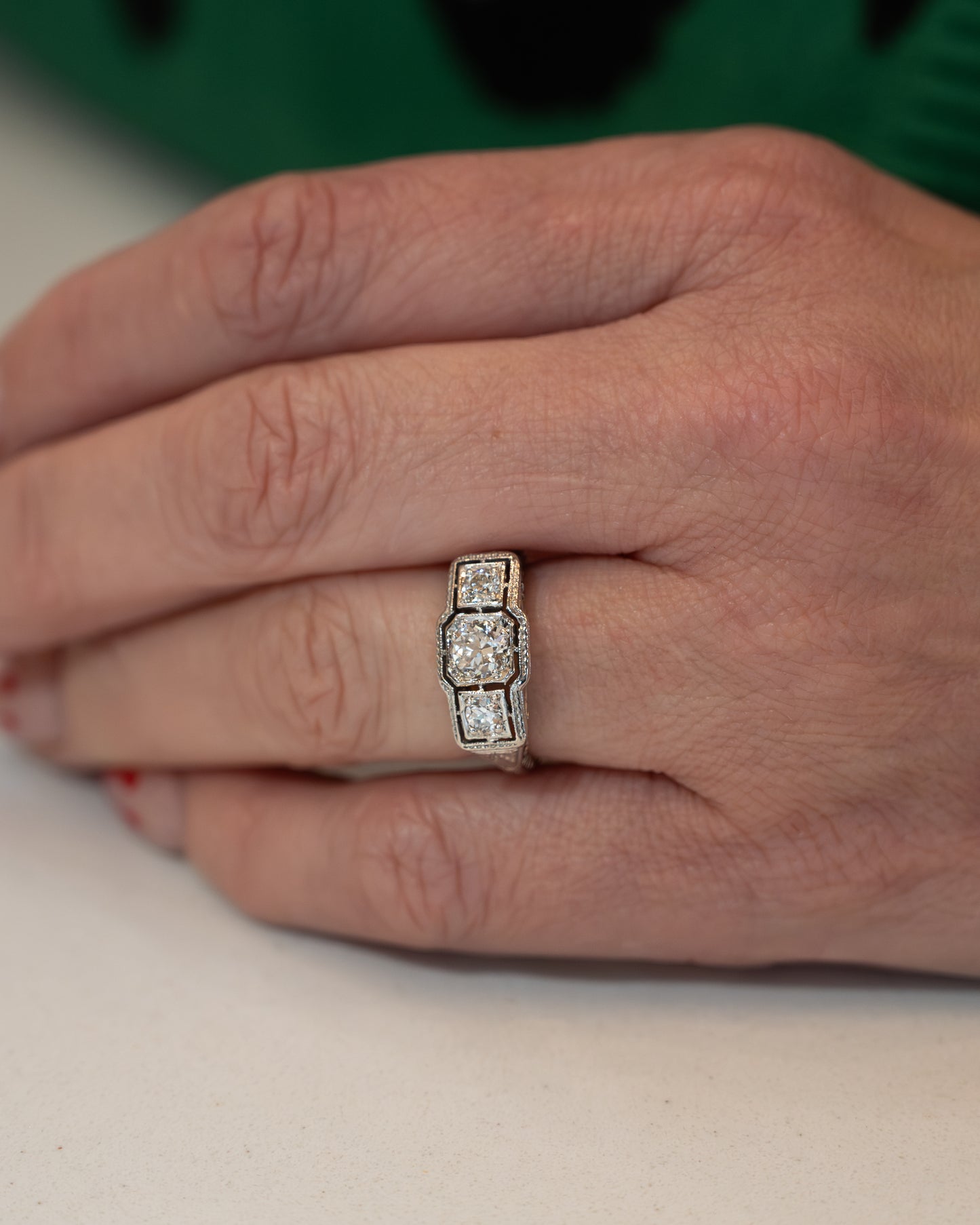 .40 Antique Three Stone Engagement Ring in 18k