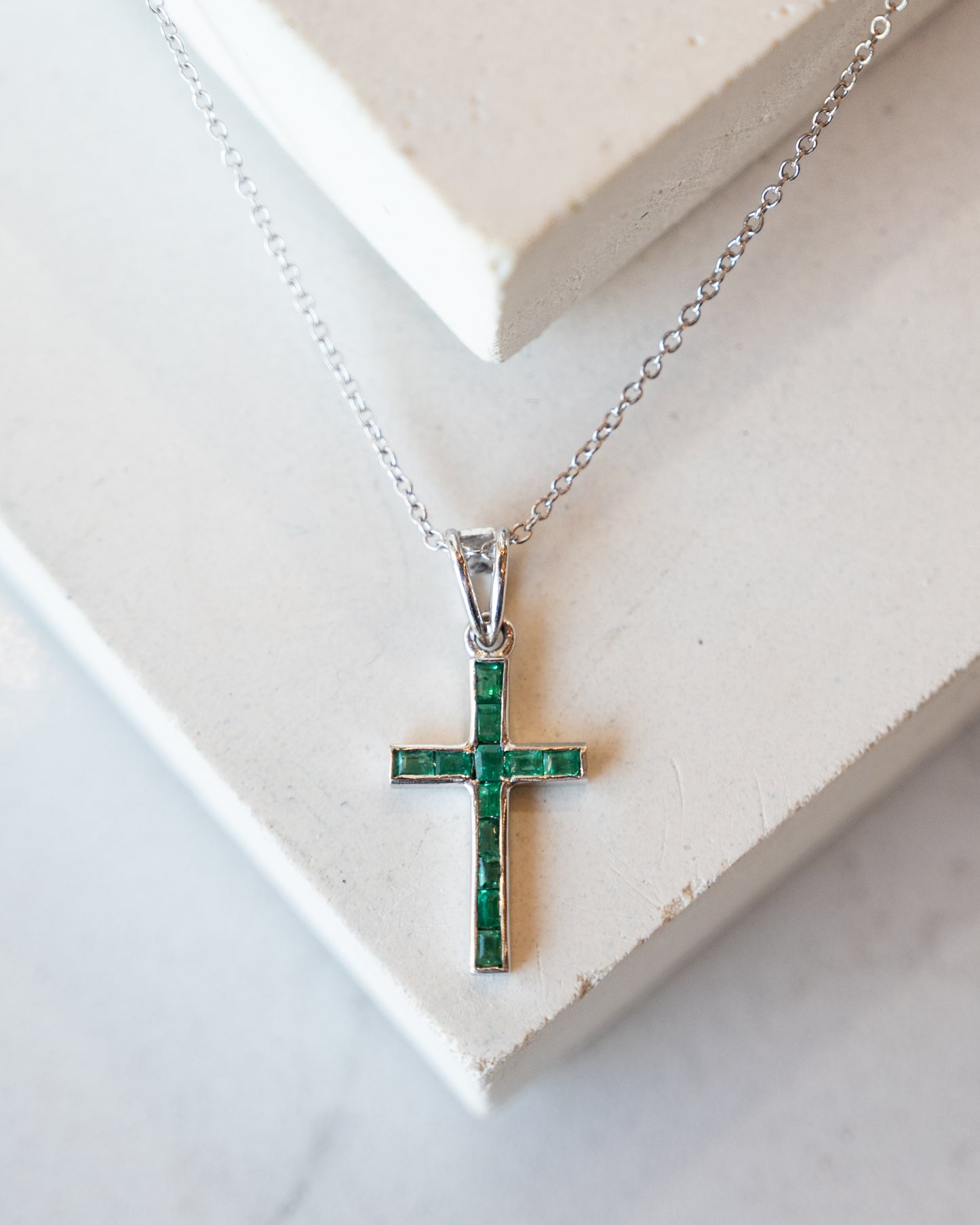.24 Emerald Cross Pendant Necklace in 14k White Gold