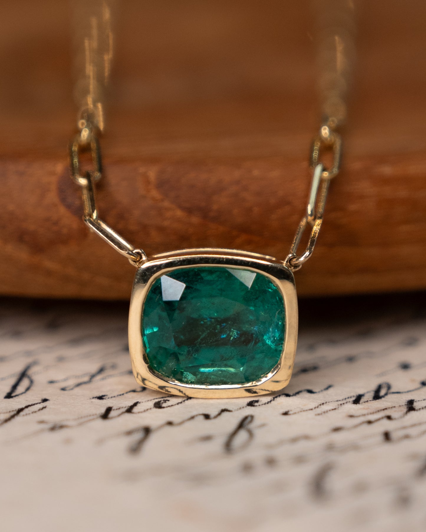 3.43 Cushion Emerald Pendant Necklace 14k Yellow Gold