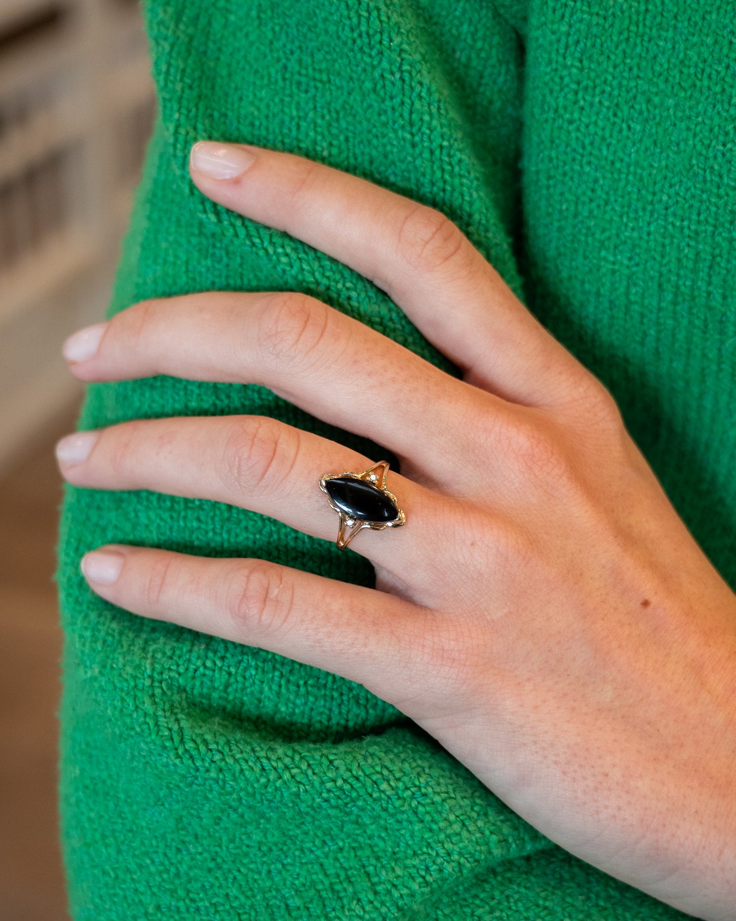 Vintage Mid-Century Diamond & Onyx Navette Ring 14k