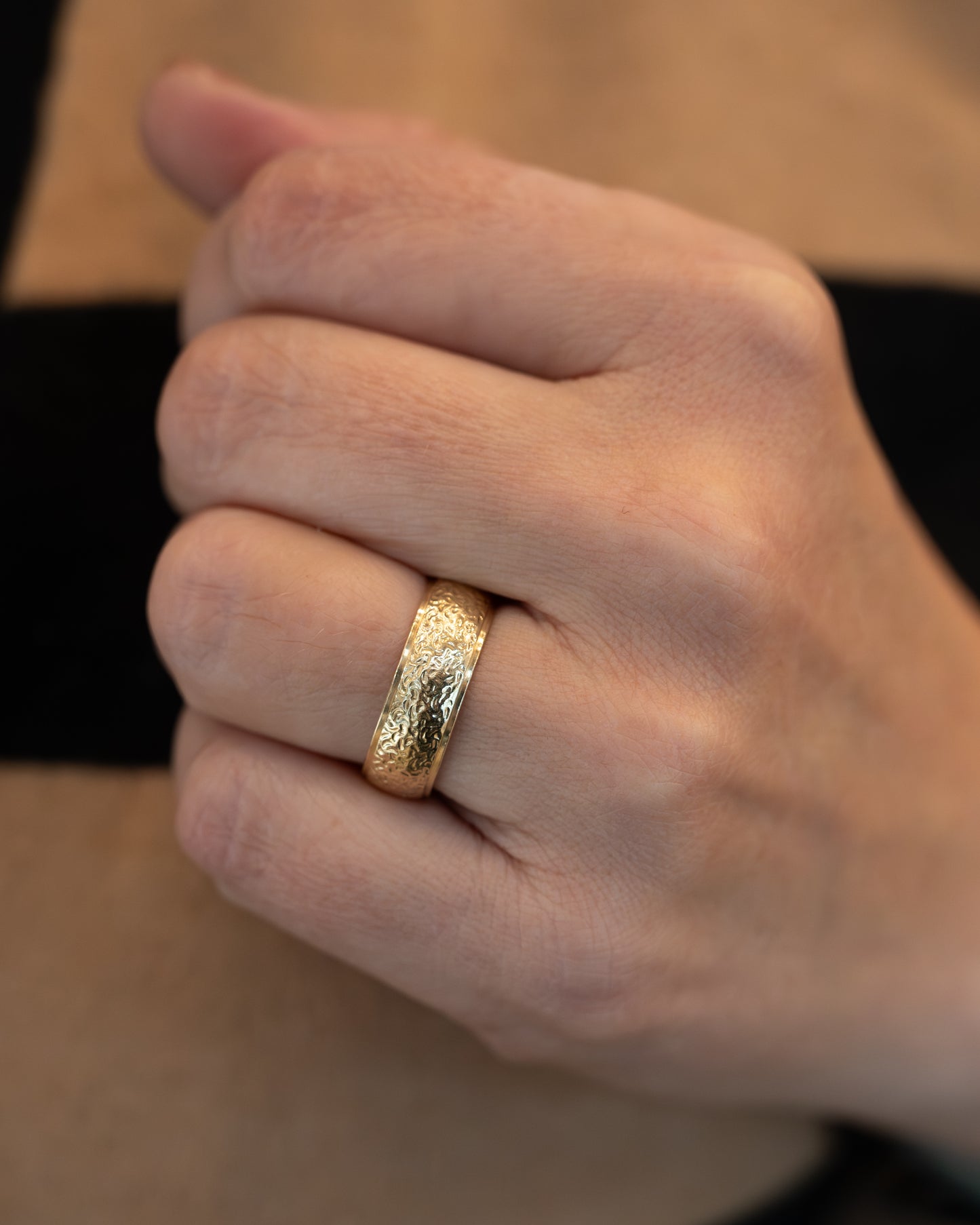 Mens Hammered Texture Wedding Band in 14k