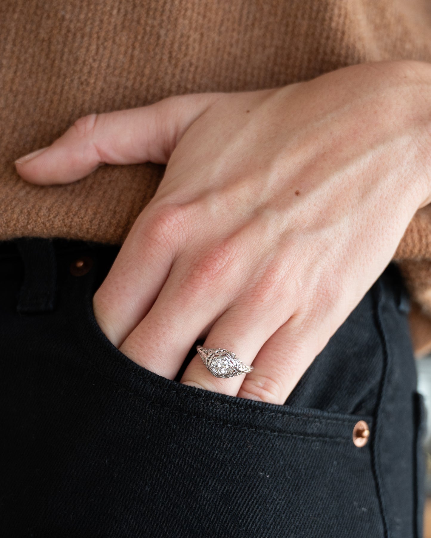 .35 Vintage Deco Diamond Filigree Engagement Ring 18k