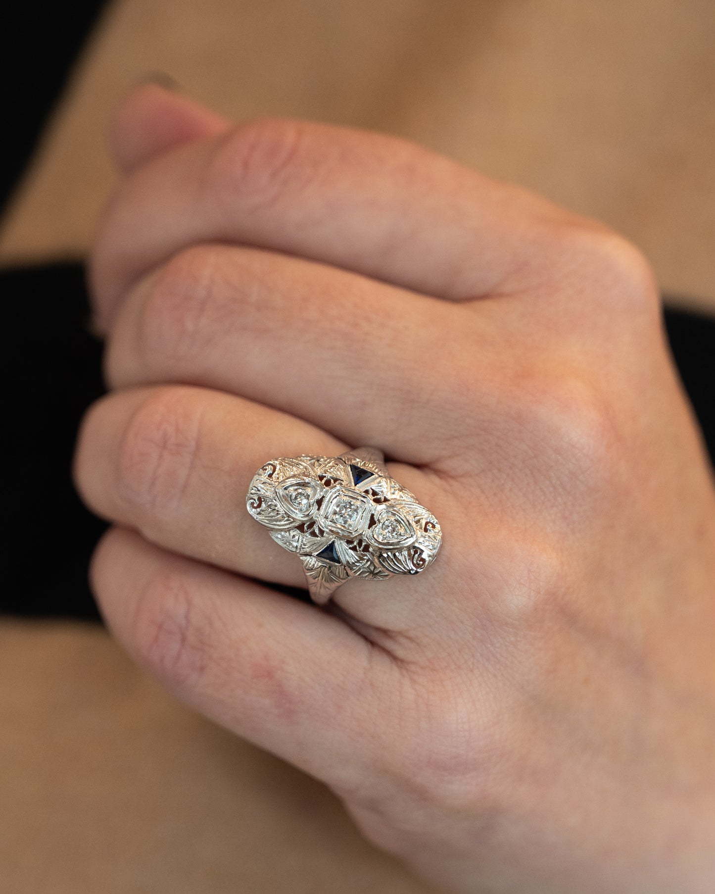 .18 Antique Deco Diamond & Sapphire Navette Ring 18k